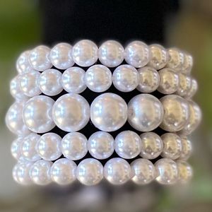5-Strands White Faux Pearl Stretch Bracelets